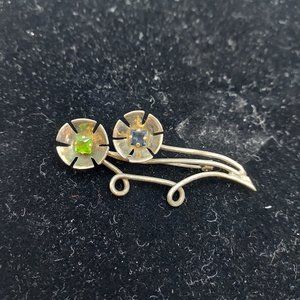 Sterling Flower Pin with Green and Blue Gems